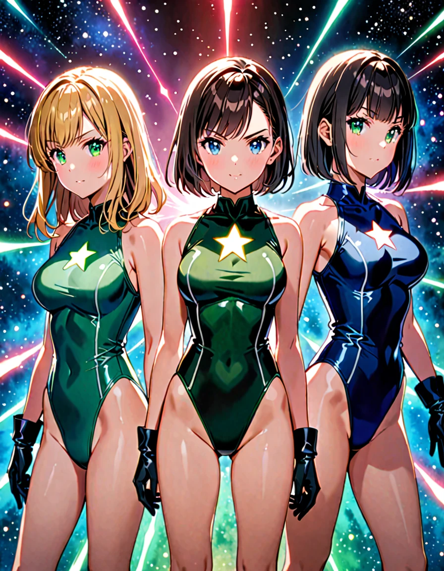 Create an image of ((three girls in sleeveless leotards, bare legs, medium breasts, and matching gloves and boots)). The first girl on the left and rear is a (blonde with bangs), and green eyes, wearing a (black leotard) with a (star (symbol) on her chest). The second girl in the middle and front is a redhead with bob hair and blue eyes, wearing a (green leotard) with a (star (symbol) on her chest). The third girl on the right and rear is a (black-haired brunette with bangs), and hazel eyes, wearing a (blue leotard) with a (star (symbol) on her chest). All three girls are standing with legs apart and raised arms, each surrounded by a glowing aura. outer space backdrop, cowboy shot, serious. masterpiece, best quality, hires. diffraction spikes, light particles.