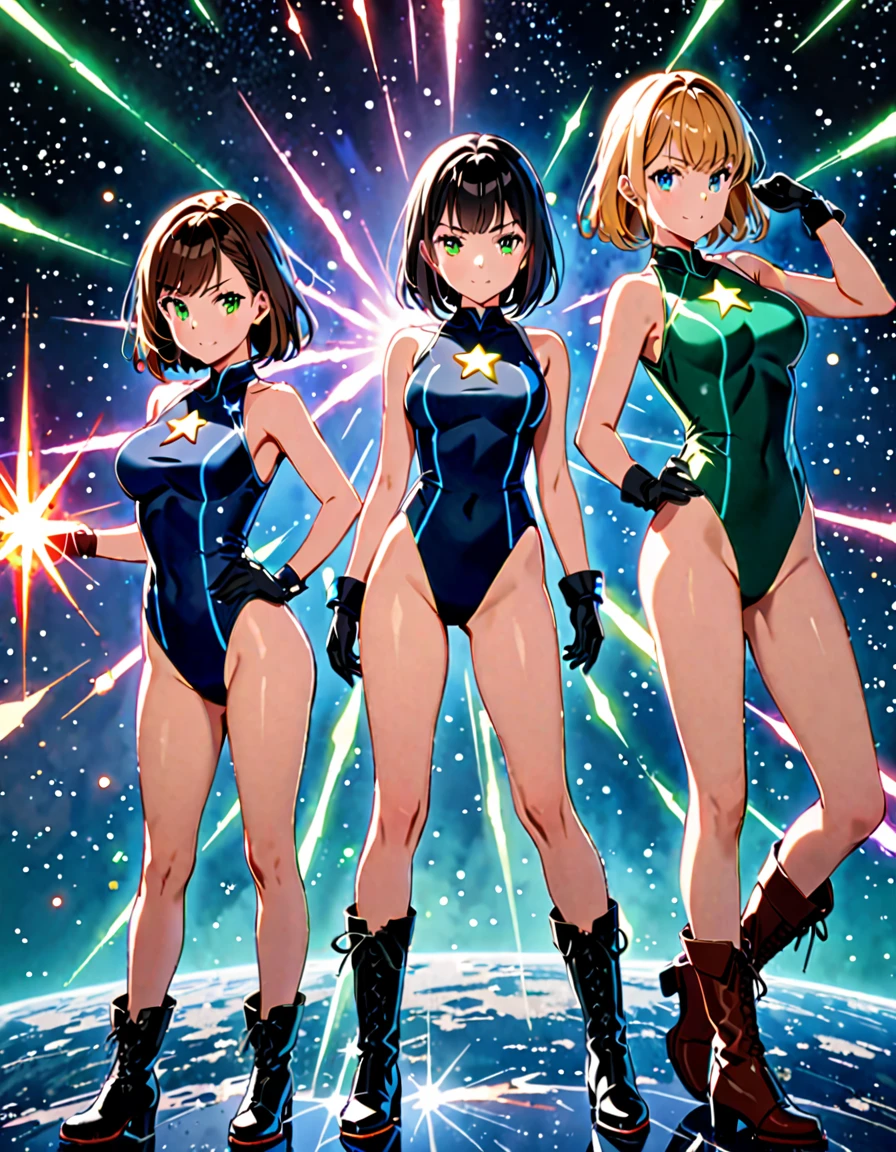 Create an image of ((three girls in sleeveless leotards, bare legs, medium breasts, and matching gloves and boots)). The first girl on the left and rear is a (blonde with bangs), and green eyes, wearing a (black leotard) with a (star (symbol) on her chest). The second girl in the middle and front is a redhead with bob hair and blue eyes, wearing a (green leotard) with a (star (symbol) on her chest). The third girl on the right and rear is a (black-haired brunette with bangs), and hazel eyes, wearing a (blue leotard) with a (star (symbol) on her chest). All three girls are standing with legs apart and raised arms, each surrounded by a glowing aura. outer space backdrop, cowboy shot, serious. masterpiece, best quality, hires. diffraction spikes, light particles.