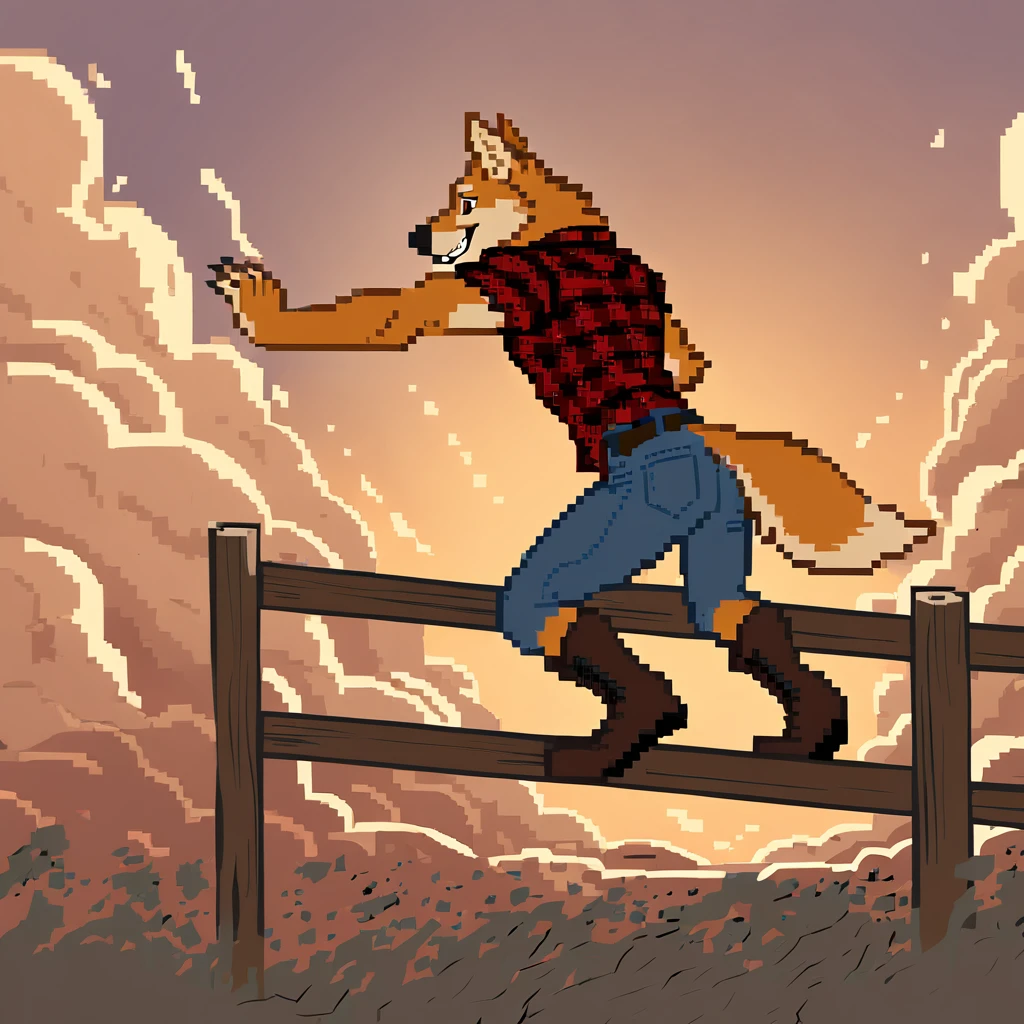 canid, canine, canis, mammal, mythological_canine, were, werecanid, werecanine, werewolf, wolf, brown_eyes, anthro, male, biped, side_view, orange_body, orange_fur, fluffy_tail, fingers, vaulting_over_fence, explosion, flying_shrapnel, red_flannel, jeans, brown boots, smiling, full_body, solo, digital_media_(artwork), hi_res, masterpiece,
