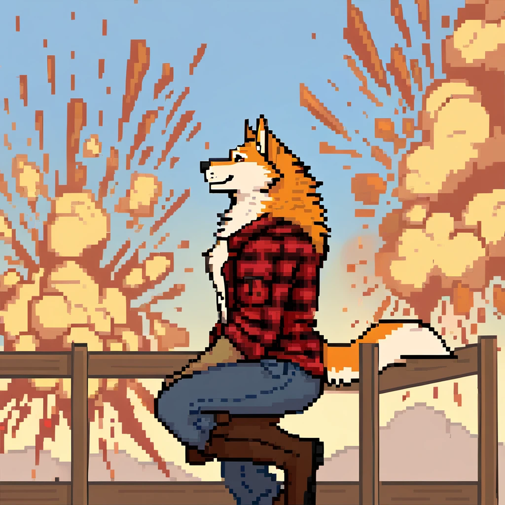 canid, canine, canis, mammal, mythological_canine, were, werecanid, werecanine, werewolf, wolf, brown_eyes, anthro, male, biped, side_view, orange_body, orange_fur, fluffy_tail, fingers, vaulting_over_fence, explosion, flying_shrapnel, red_flannel, jeans, brown boots, smiling, full_body, solo, digital_media_(artwork), hi_res, masterpiece,
