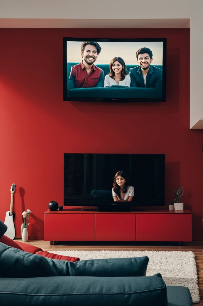 A red sofa with three people sitting on it, Who have a television instead of a head