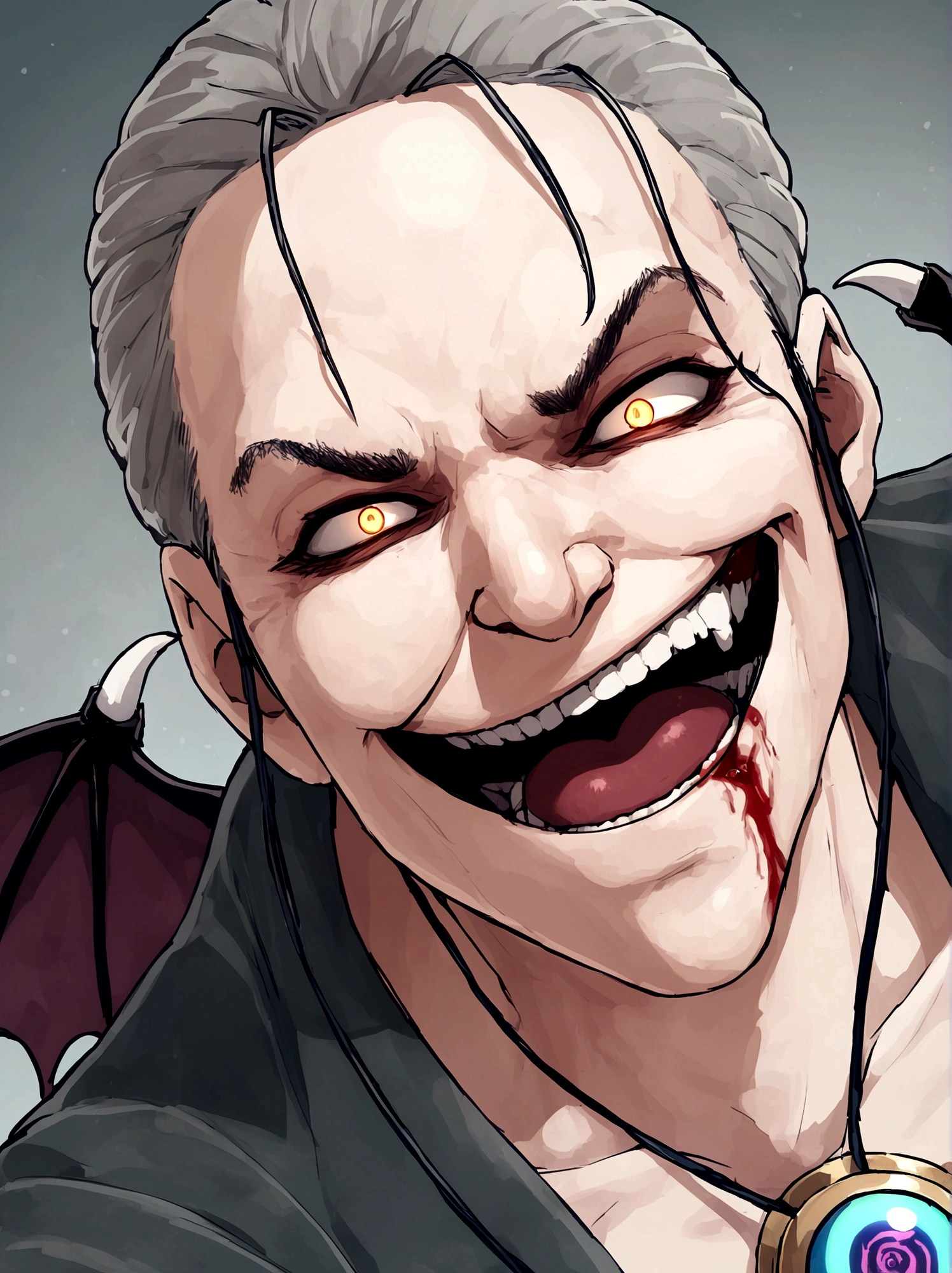 olhos rots, presas de dentes de vampyre, brave face, blood coming out of the mouth, pretentious smile,bat wings, terrifying smile, psychopathic pretentious smile, psychopath smile, apavorante, gaping mouth, angry eyes, vampyre, dark sky background, rot + cerulean + Unripe, glowing rot moon