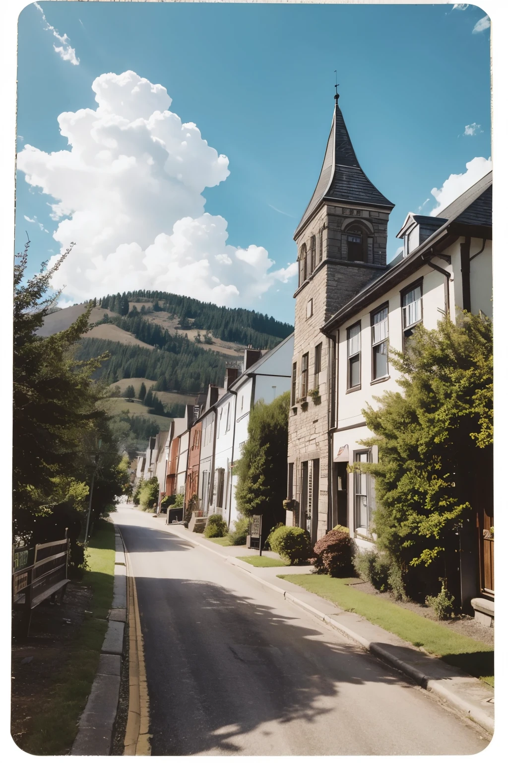 make a postcard of a town called thornwood. It's for a horror RPG. Old buildings, the night