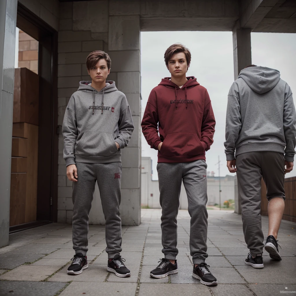 create a minecraft character wearing a maroon hoodie and gray trousers and being male and having brown hair ,black eyes with a hint of red and gray shoes and black hair