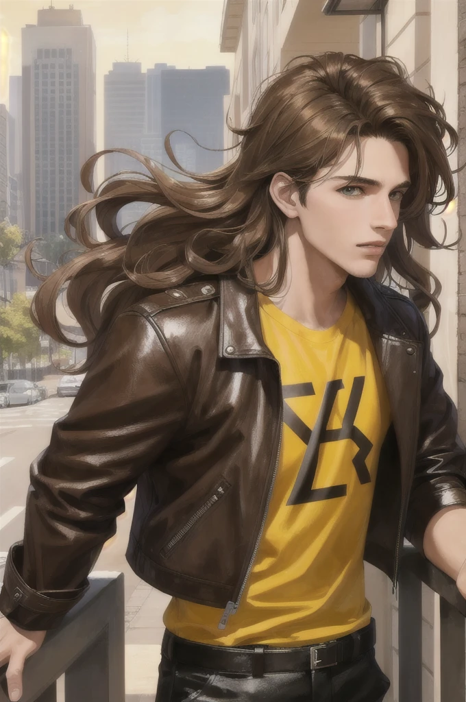 Make a young 17-year-old man with shoulder-length wavy brown hair., light brown eyes between yellow, serious face, very attractive, with a black shirt and brown leather jacket, high, who is standing on a balcony, HD quality