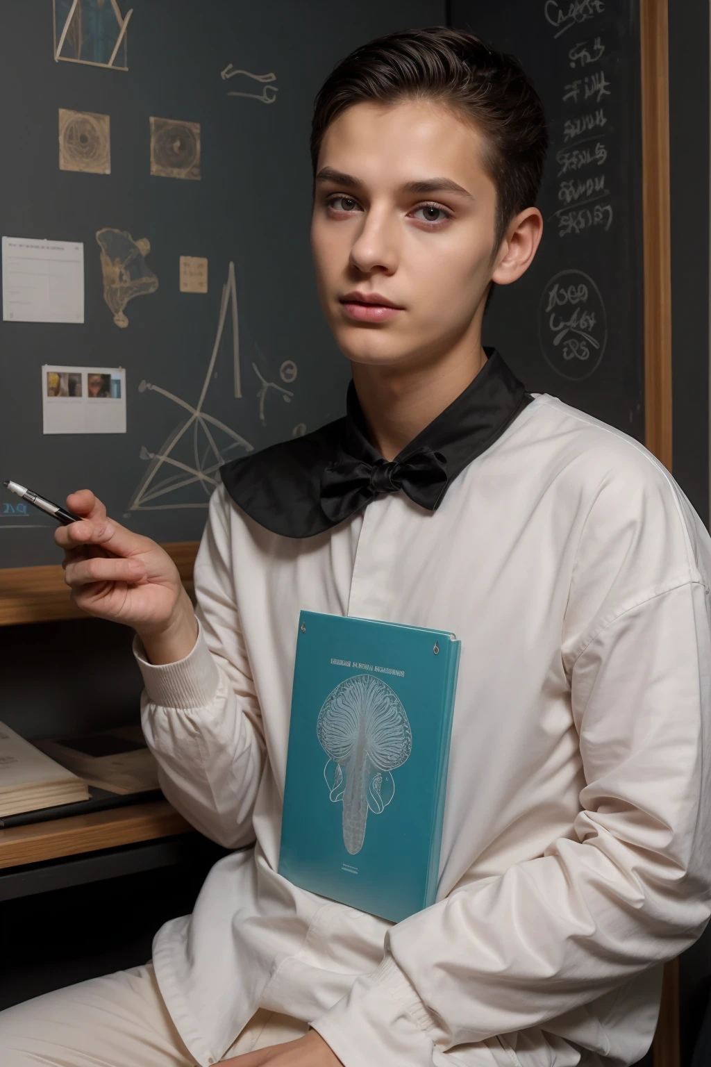 A beautiful young male twink, cute, with black hair and a face with makeup, wearing a bright white long-sleeved shirt and aqua blue pants, and he is in his office, and behind him is a blackboard on which is written the shape of the brain and its anatomy, and nuclear energy comes out of it, and he has a face with makeup and and. His eyes have dark circles under them as he sits studying with a huge medical book on surgery