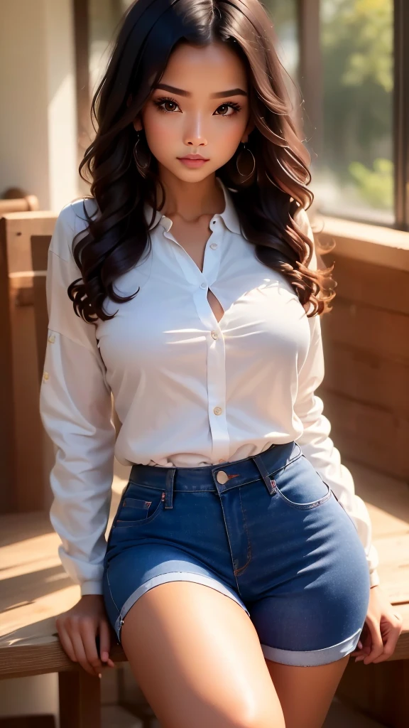 girl, blushing, shy, tight jeans shorts, big , white seethrought top, sitting,asians, Backwards,