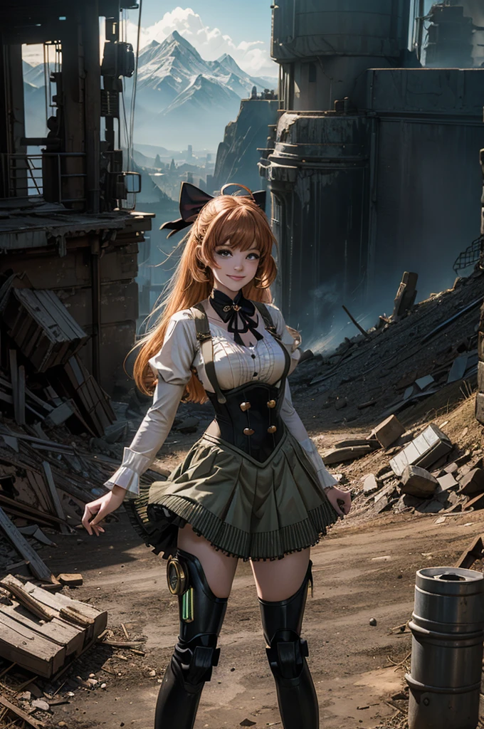 cowboy shot, dynamic pose, smile, underbust, Penny Polendina, long hair, neck ribbon, suspender skirt, corset, black bow, white blouse, mechanical legs, neon trim, standing in city ruins on hill, in valley, BREAK mountains in background, waterfall, crowd, (crowd in military uniform), bonfires, post-apocalypse, dystopian future, (volumetric lighting), intricate details, tonemapping, sharp focus, hyper detailed,