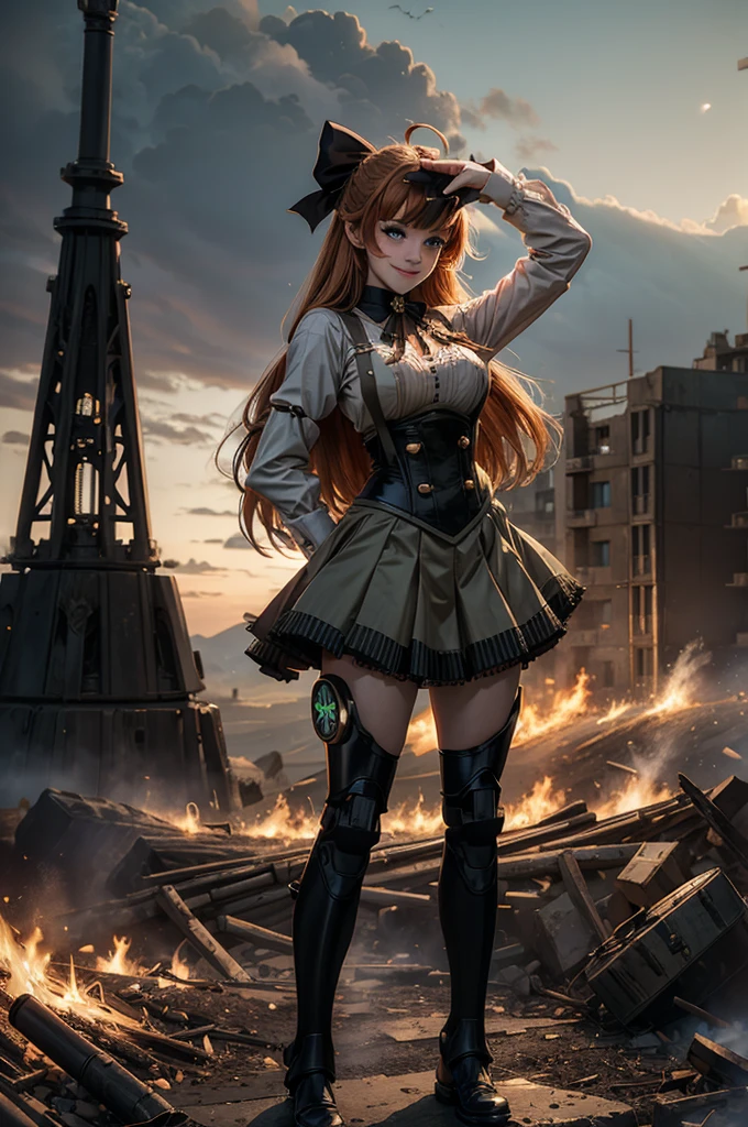 cowboy shot, dynamic pose, smile,  underbust, Penny Polendina, long hair, neck ribbon, suspender skirt, corset, black bow, white blouse, mechanical legs, neon trim, standing in city ruins on hill, in valley, BREAK mountains in background, waterfall, crowd, (crowd in military uniform), bonfires, post-apocalypse, dystopian future, (volumetric lighting), intricate details, tonemapping, sharp focus, hyper detailed, 

