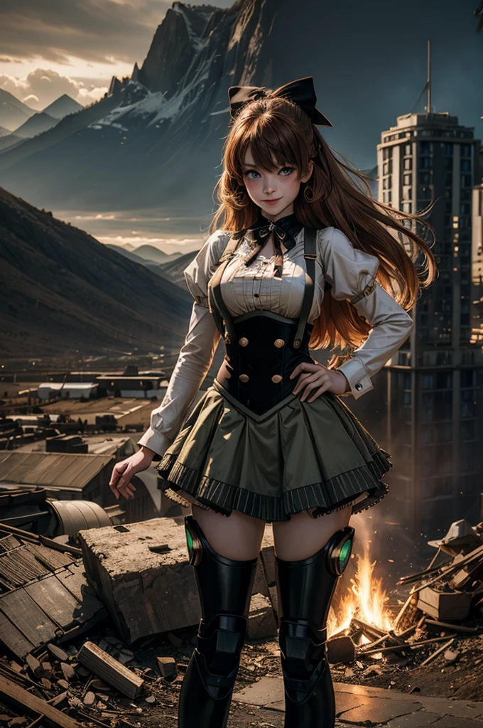 cowboy shot, dynamic pose, smile, underbust, Penny Polendina, long hair, neck ribbon, suspender skirt, corset, black bow, white blouse, mechanical legs, neon trim, standing in city ruins on hill, in valley, BREAK mountains in background, waterfall, crowd, (crowd in military uniform), bonfires, post-apocalypse, dystopian future, (volumetric lighting), intricate details, tonemapping, sharp focus, hyper detailed,