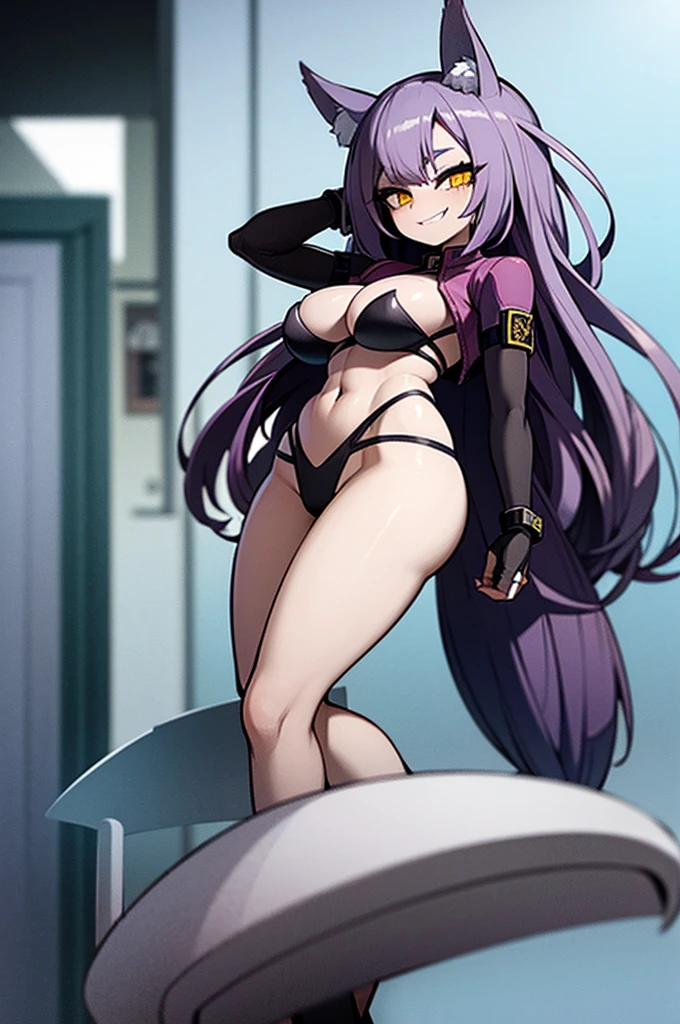 K, hd, light purple hair, big breasts, yellow eyes, wolf ears, Height 175cm, wearing dark clothes, smiling, good anatomy