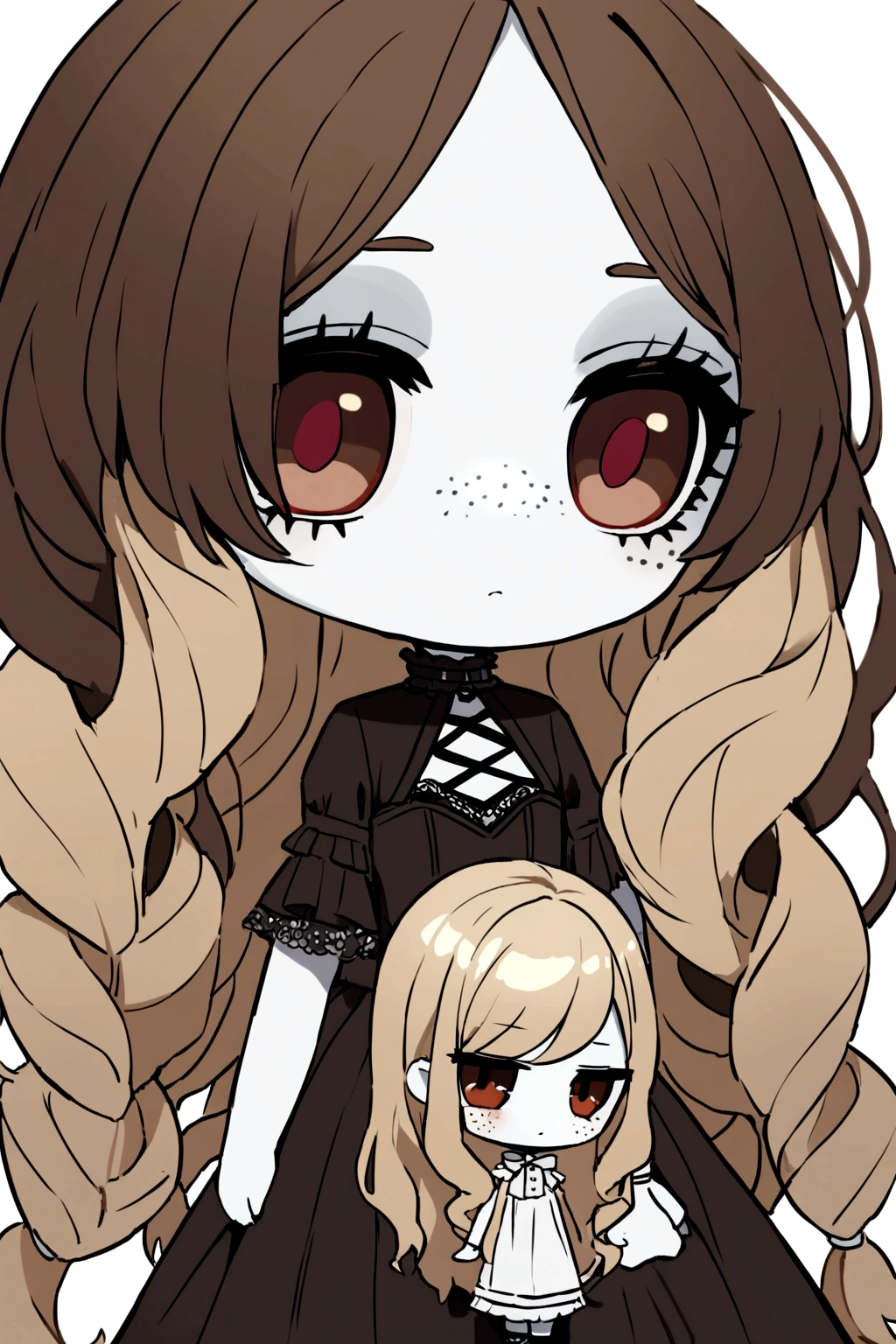  A Blythe doll with light brown hair, super dark brown eyes, white skin, with few freckles, bagns, white semi-long hair
