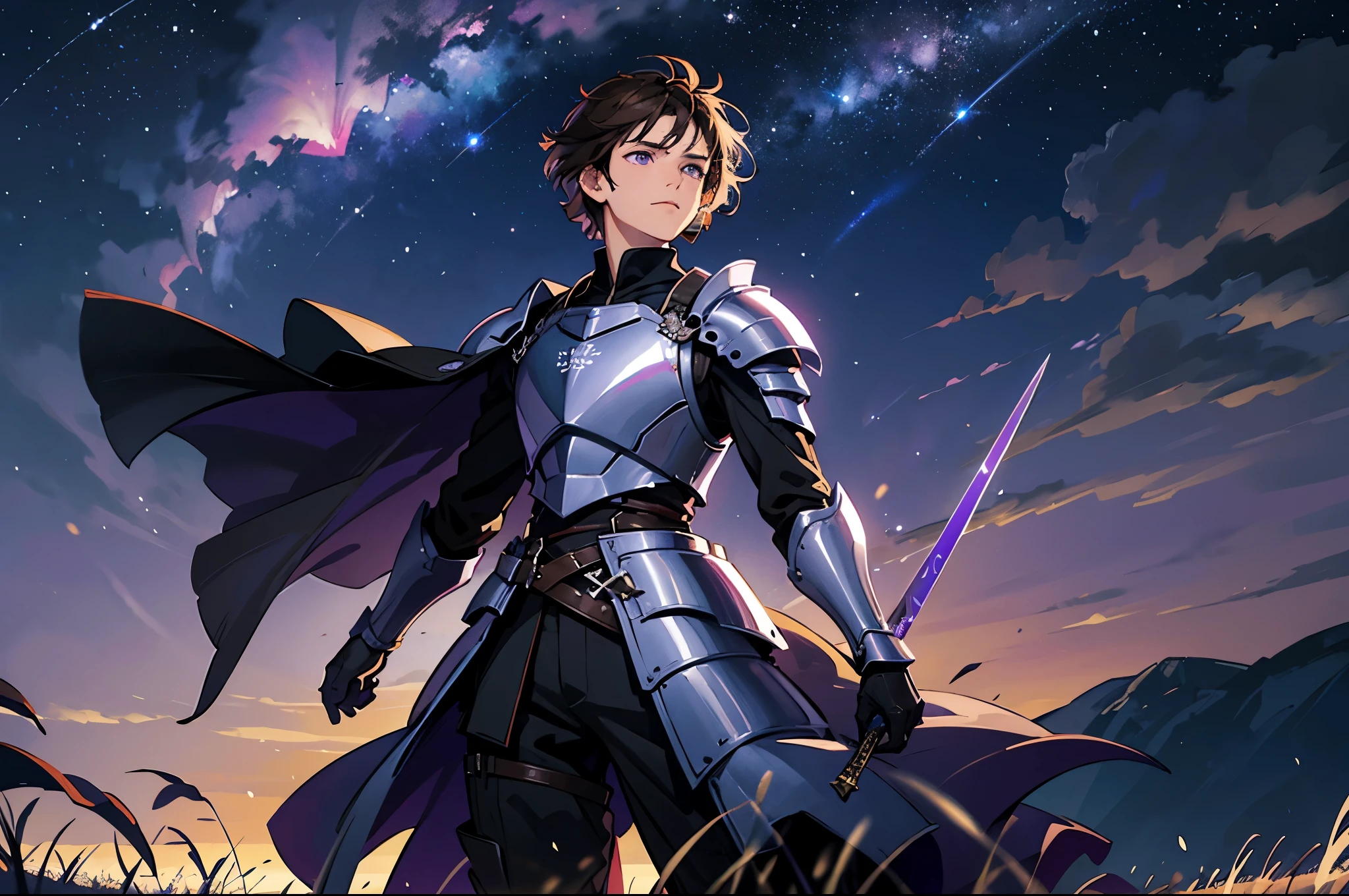 solo, 1male, adult, short hair, dark brown hair, purple eyes, armour, light armour, grass field, flower field, night sky, stars, looking at the sky, atmospheric lightinghts, wide angle, dynamic pose, wind, holding sword