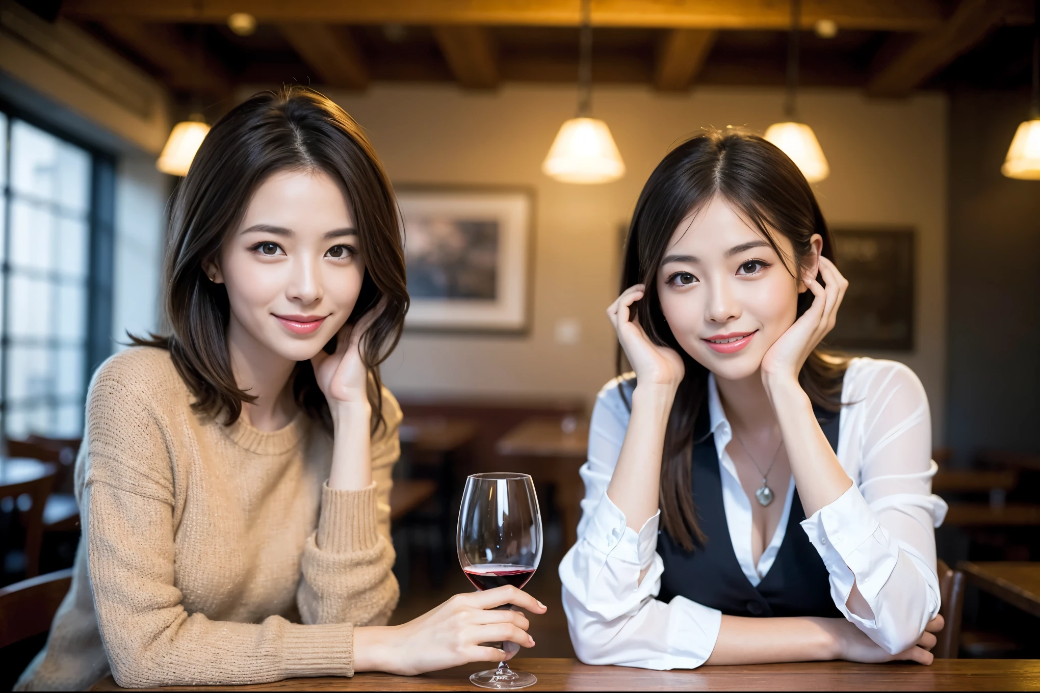 ((Highest quality、8K、masterpiece:1.3))、1 male、1 woman who resembles Satomi Ishihara、Couple、spouse、Couple、The body is slim、((Bob Hale、Straight hair:1.2)), (Realistic, Intricate details:1.2), テーブルの上のwine glass、Shine light on your face、 Amazing view of the sunset sky and clouds、Amazing mountain views、A bright smile、The wonderfulness of smile、Bright image、The beauty of wine, Beautiful Face, blue eyes, The light shines on your face, Blushing, short hair,Bright Face、42 years old), 39 years old, red wine 、Appetizers、Italian food、Wine bottle、Champagne、sparkling wine、Two beauties、Brown Hair、Shortcuts、Long sleeve shirt、dress、Beautiful woman 1, (slimな顔), (The body is slim), (Brown Hair), (Shortcuts), cheeks turn a little red,Attractive beauty、restaurant, In a prominent place (From the waist up) Nova Frog Style, actress, model, Upper Body, White wine, slim, wine glass, 中央に置かれたwine glass, smile, (smile: 1.15), Beautiful fine grain, Depth f/2,saturation, High Contrast, Strong light and shadow,Moist Body:1.5、3D texture、Delicate eyes、Brown Hair、The hair is very shiny、