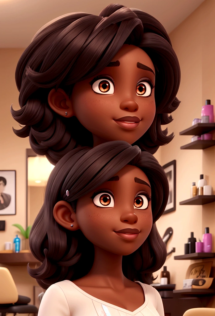 Dark-skinned, dark-haired hairdresser showing her beauty salon