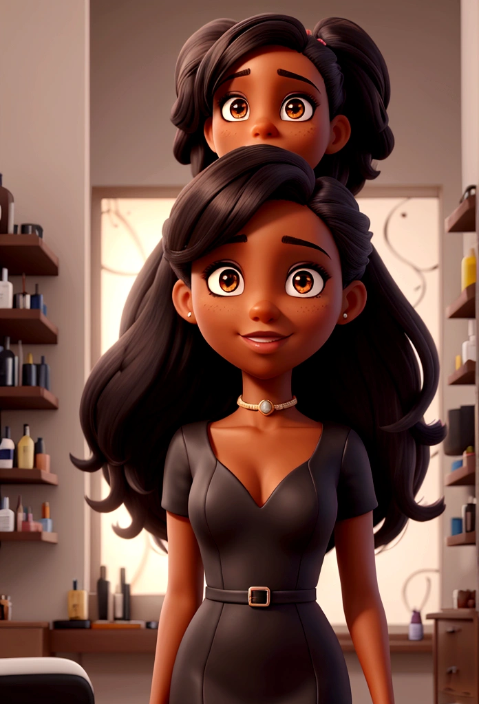 Dark-skinned, dark-haired hairdresser showing her beauty salon