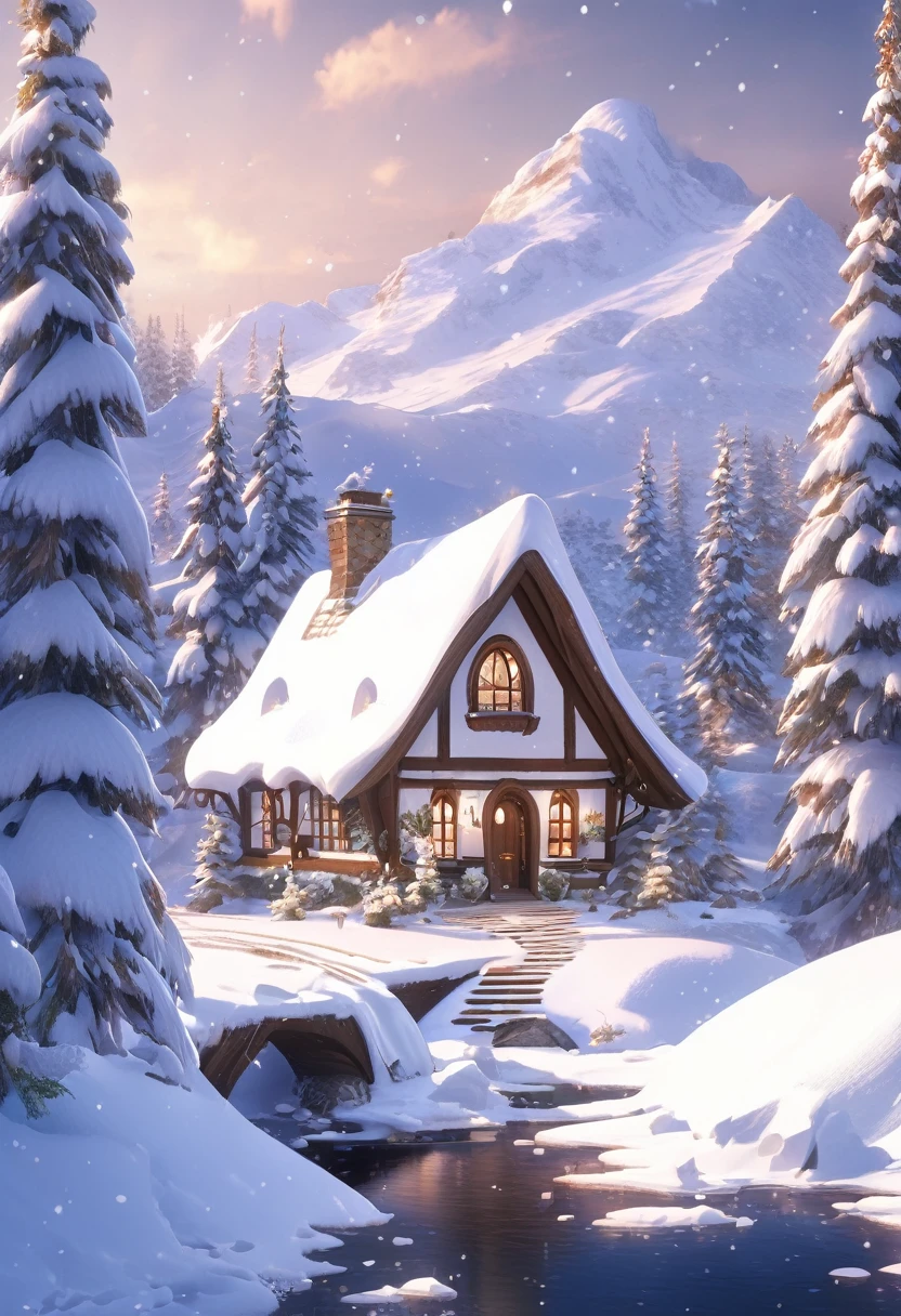a white and brown cottage house in the middle of snow biome✨