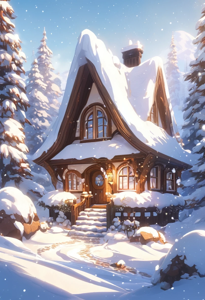 a white and brown cottage house in the middle of snow biome✨ 