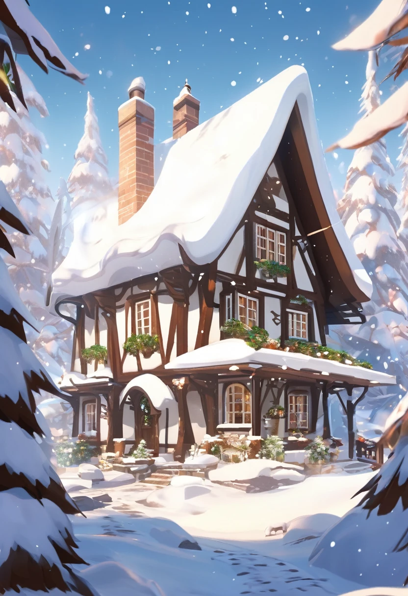 a white and brown cottage house in the middle of snow biome✨