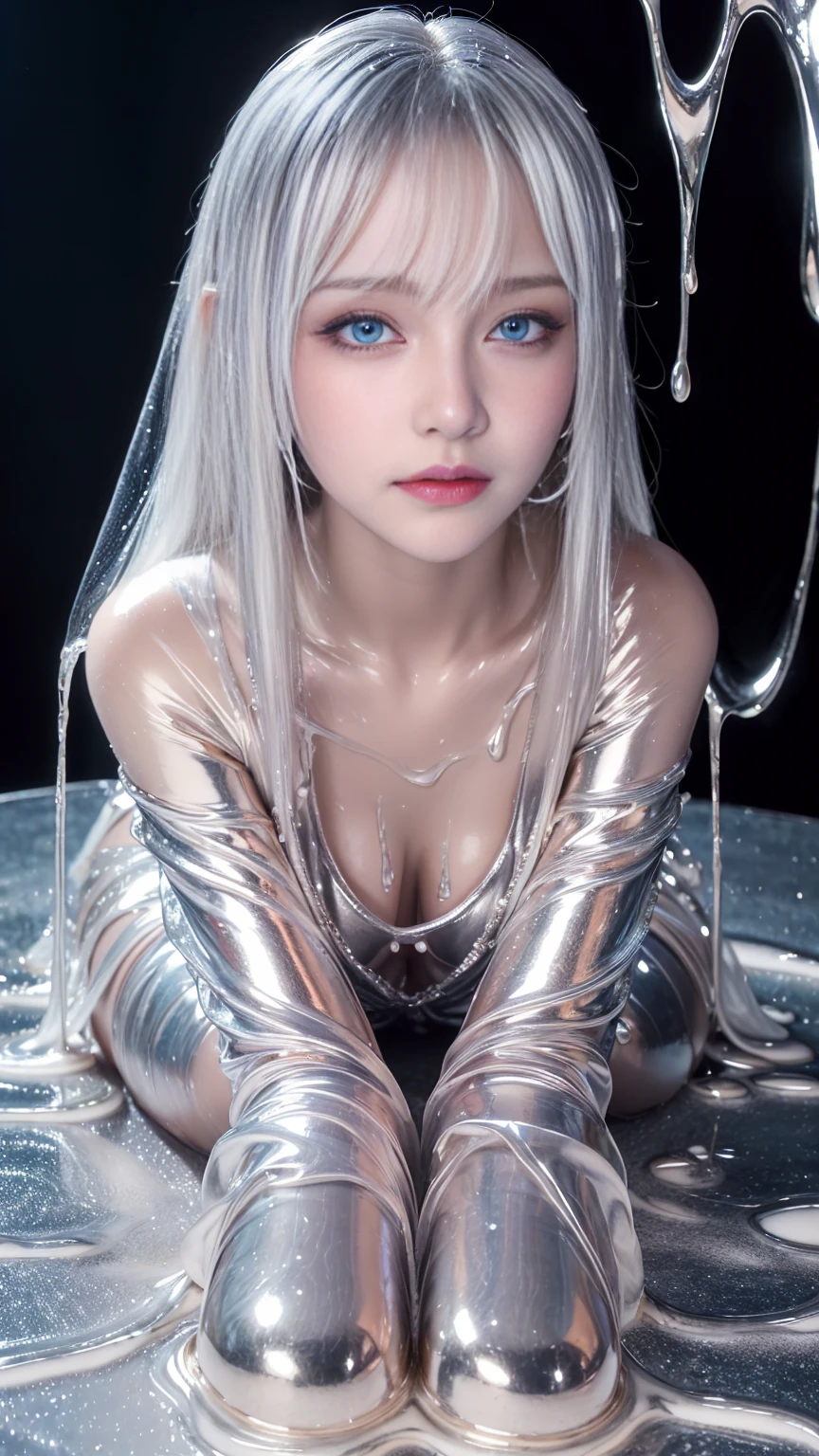 (High resolution,Tabletop:1.2),Super detailed,(Realistic:1.37),Portraiture,Full Body Shot、Slime Girl、Covered in silver slime, (Partially transparent), (Wet),  Silver liquid dripping from her body. Her hair is also Covered in silver slime. Silver slime scattered, Golden Hair, blue eyes、Super cute face、Random pose、naked