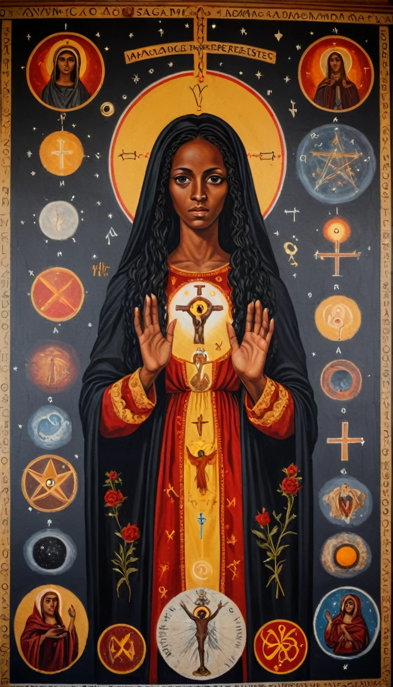 black priestess mary magdalene, orthodox painted on the wall, symbols and elements of astrology, hermetic symbols
