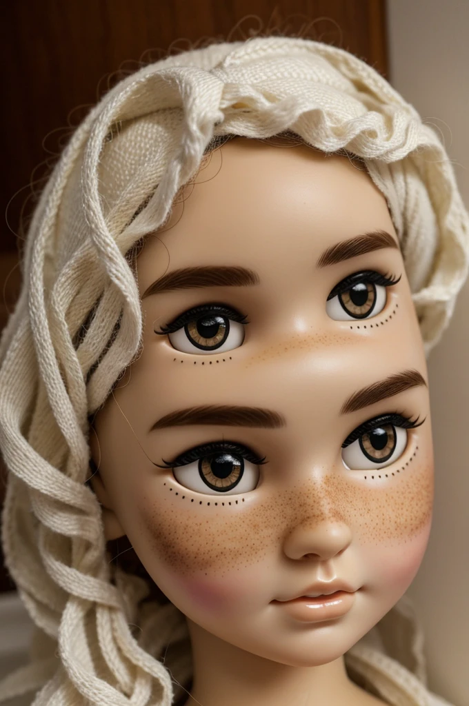 make me a white Blythe doll, with curly black hair and brown eyes, with freckles on the nose and a nose piercing"