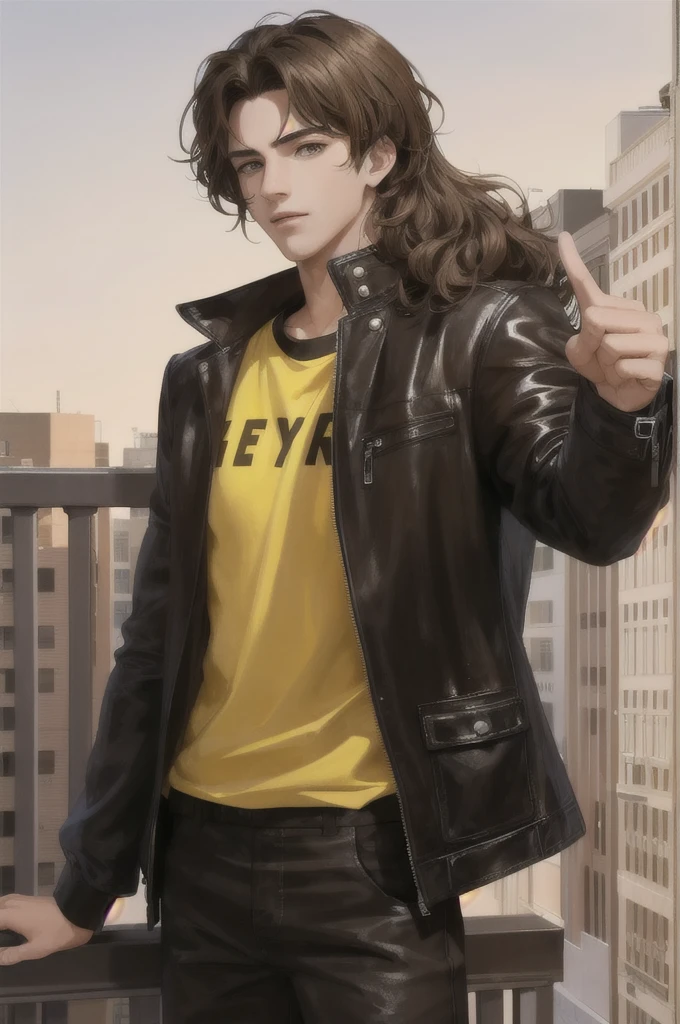 Make a young 17 year old man with not so short wavy brown hair, light brown eyes between yellow, serious face, very attractive, with a black shirt and black leather jacket, high, who is standing on a balcony, HD quality