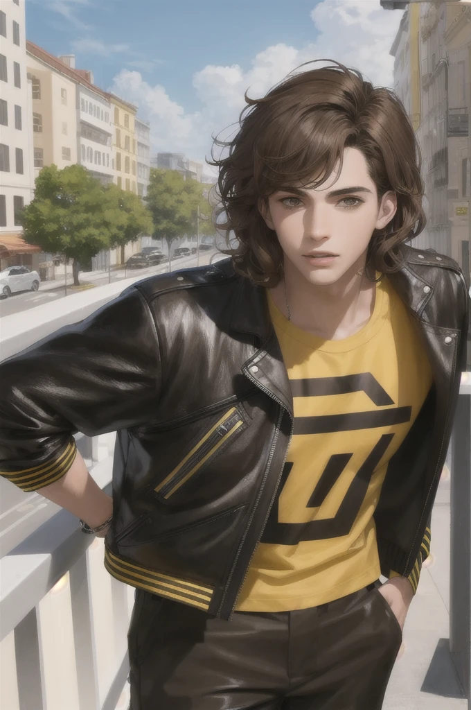 Make a young  man with not so short wavy brown hair, light brown eyes between yellow, serious face, very attractive, with a black shirt and black leather jacket, high, who is standing on a balcony, HD quality