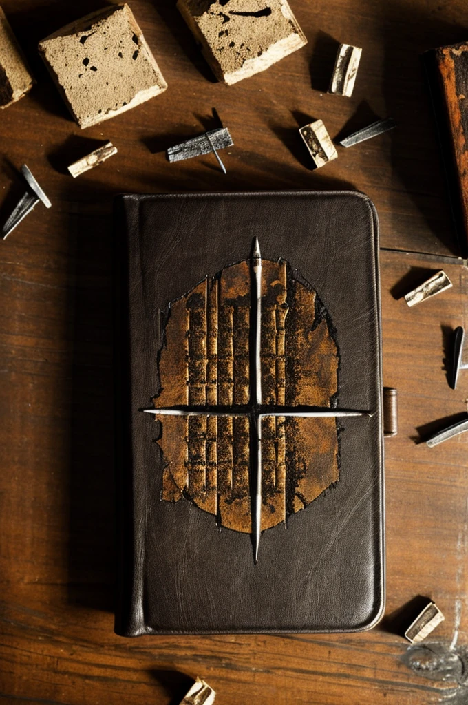 Create a burned bible with nails and a scared father