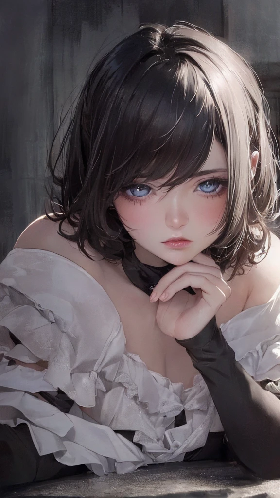 (Highest quality, Tabletop:1.2, Ultra-high resolution, Realistic:1.5), RAW Photos, One Girl, Off the shoulder, In the Dark, Deep Shadow, Low lighting, Cool tones, Captivating Gaze, short hair, Foggy atmosphere, Mysterious atmosphere, Subtle highlights, Dramatic contrast, Elegant pose, Intense emotions, Heavenly Beauty, enchanting darkness, Captivating Expressions