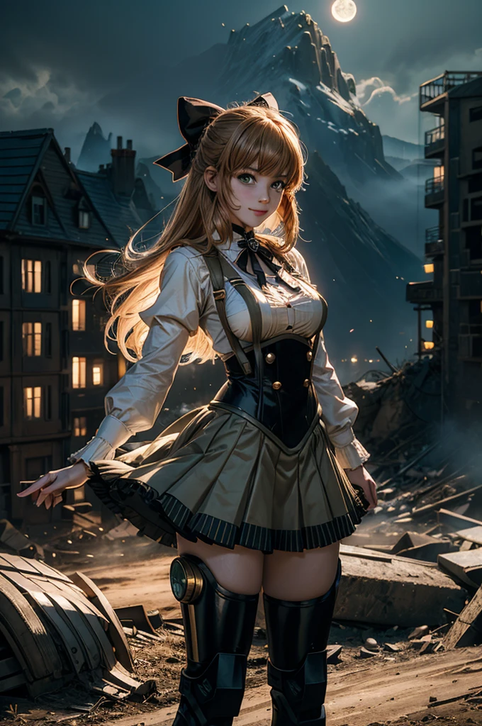 cowboy shot, dynamic pose, smile, underbust, Penny Polendina, long hair, neck ribbon, suspender skirt, corset, black bow, white blouse, mechanical legs, neon trim, standing in city ruins on hill, in valley, BREAK night, stars, moon, BREAK mountains in background, waterfall, crowd, (crowd in military uniform), bonfires, post-apocalypse, dystopian future, (volumetric lighting), intricate details, tonemapping, sharp focus, hyper detailed,