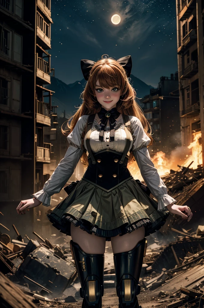 cowboy shot, dynamic pose, smile, underbust, Penny Polendina, long hair, neck ribbon, suspender skirt, corset, black bow, white blouse, mechanical legs, neon trim, standing in city ruins on hill, in valley, BREAK night, stars, moon, BREAK mountains in background, waterfall, crowd, (crowd in military uniform), bonfires, post-apocalypse, dystopian future, (volumetric lighting), intricate details, tonemapping, sharp focus, hyper detailed,
