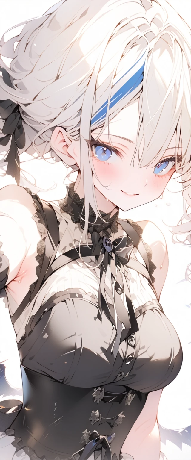 beautiful, masterpiece, Highest quality, anime, One girl, C Cup,Portrait Shot, View your viewers, Covered、Medium Hair、nearby、Blue Eyes、art、、White hair,Blue streaked hair、wallpaper、Cute smile、Thighs、Cute、bed、Beautiful breasts、Full Harness、valley、Sweat、Armpit、Gothic Lolita Coordination、corset、Courtesy