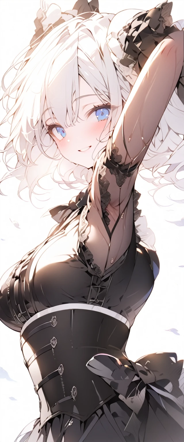 beautiful, masterpiece, Highest quality, anime, One girl, C Cup,Portrait Shot, View your viewers, Covered、Medium Hair、nearby、Blue Eyes、art、、White hair,Blue streaked hair, dead eyes、Dark atmosphere、Thighs、Braid、Coordination