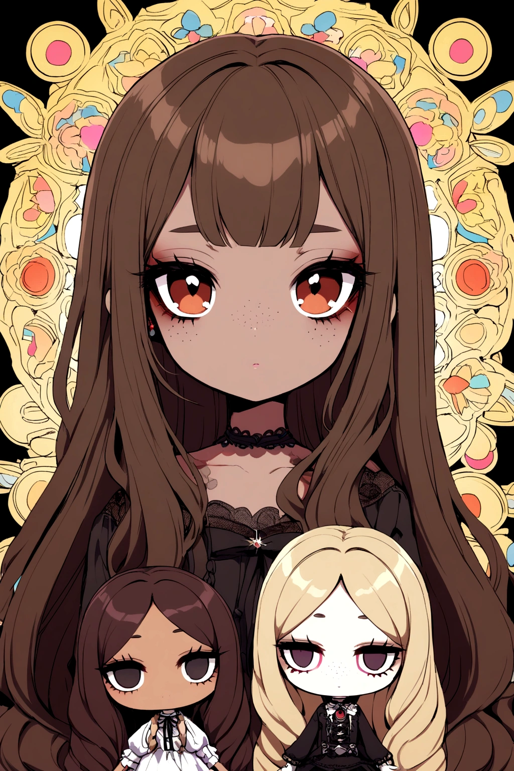A Blythe doll with light brown hair, super dark brown eyes, light skin, with few freckles, bagns, white semi-long hair