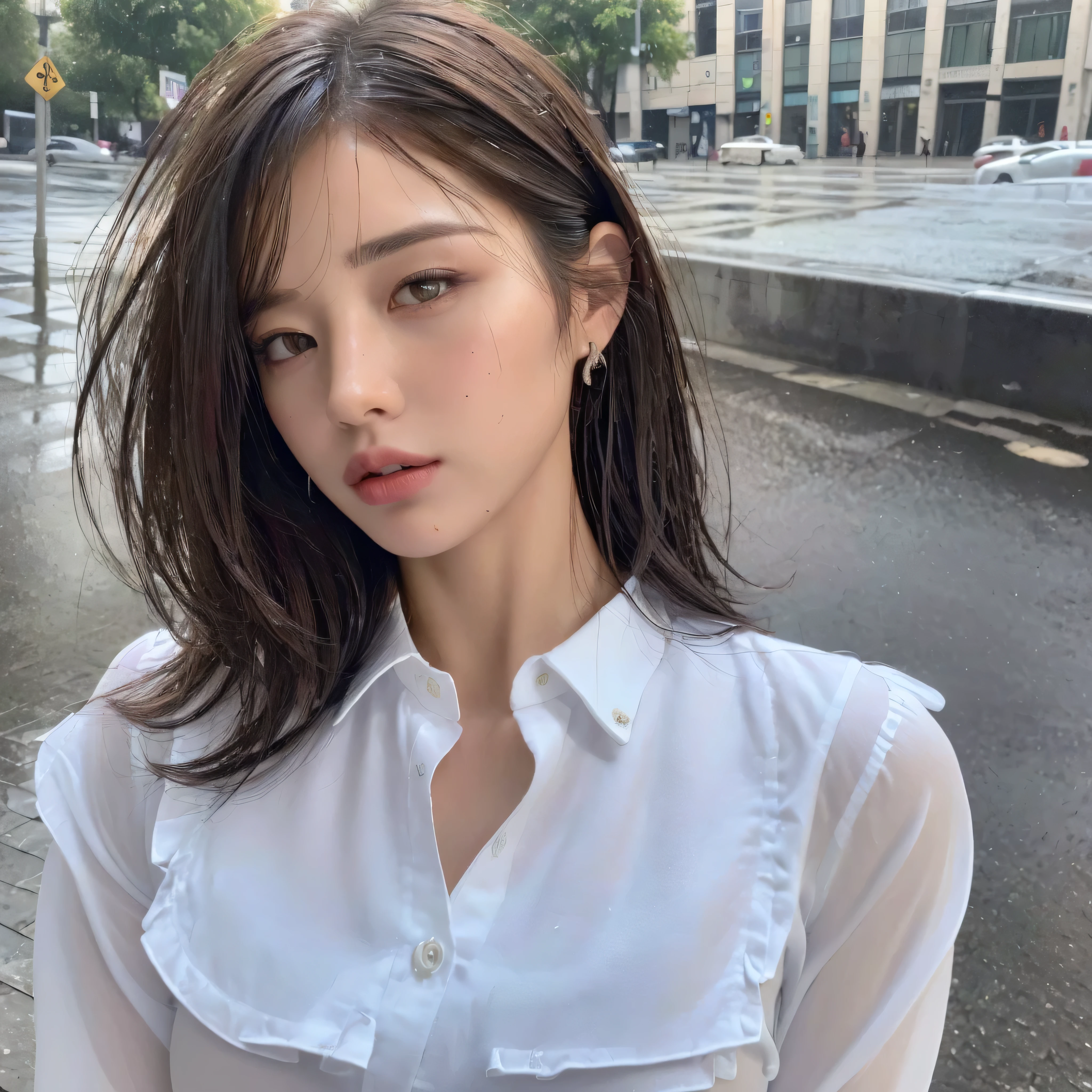 ((Best Quality, 8K, Masterpiece: 1.3)), Sharp: 1.2, Perfect Body Beauty: 1.4, Slim Abs: 1.2, ((Layered Hairstyle, Big Breasts: 1.2)), (Wet White Button Long Shirt: 1.1), (Rain, Street: 1.2), Wet: 1.5, Highly detailed face and skin texture, detailed eyes, side face looking at the camera