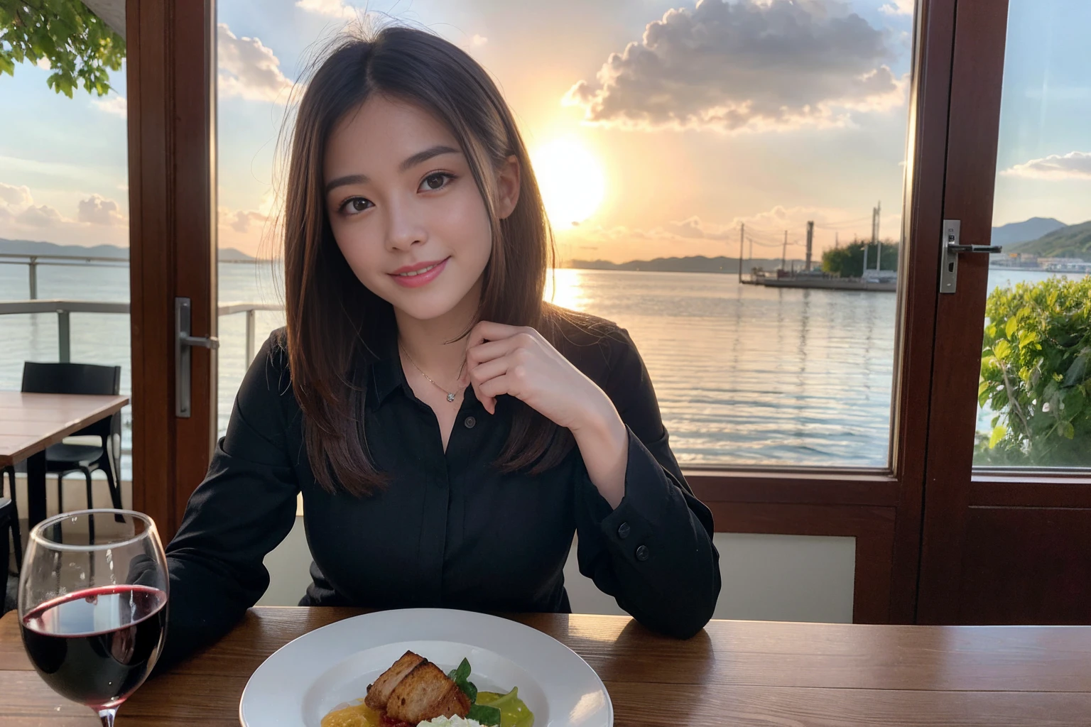 ((Highest quality、8K、masterpiece:1.3))、Sharp focus:1.2、Beautiful woman perfect body:1.4、slimなボディ、((Bob Hale、Straight hair:1.2))、(to be born, Highest quality, masterpiece:1.5), (Realistic, Intricate details:1.2), テーブルにwine glass、Shine light on your face、 Amazing view of the sunset sky and clouds、Amazing mountain views、ニコニコ明るいsmile、smileの素敵な女性、Bright image、2. The beauty of wine, Beautiful Face, blue eyes, The light shines on your face, Blushing, short hair,Bright Face、Fox face、43 years old), 39 years old, Lady、red wine 、Appetizers、Italian food、Wine bottle、Champagne、sparkling wine、Two beauties、Brown Hair、Shortcuts、Long sleeve shirt、dress、Beautiful woman 1, (slimな顔), (The body is slim), (Brown Hair), (Shortcuts), cheeks turn a little red,Attractive beauty、, Out of the window, Beautiful and detailed night view.........., restaurant, In a prominent place (From the waist up) Nova Frog Style, actress, model, Upper Body, White wine, slim, wine glass, 真ん中に置かれたwine glass, smile, (smile: 1.15), Beautiful fine grain, Depth f/2,saturation, High Contrast, Strong light and shadow,Moist Body:1.5、 texture、Delicate eyes、Brown Hair、The hair is very shiny、