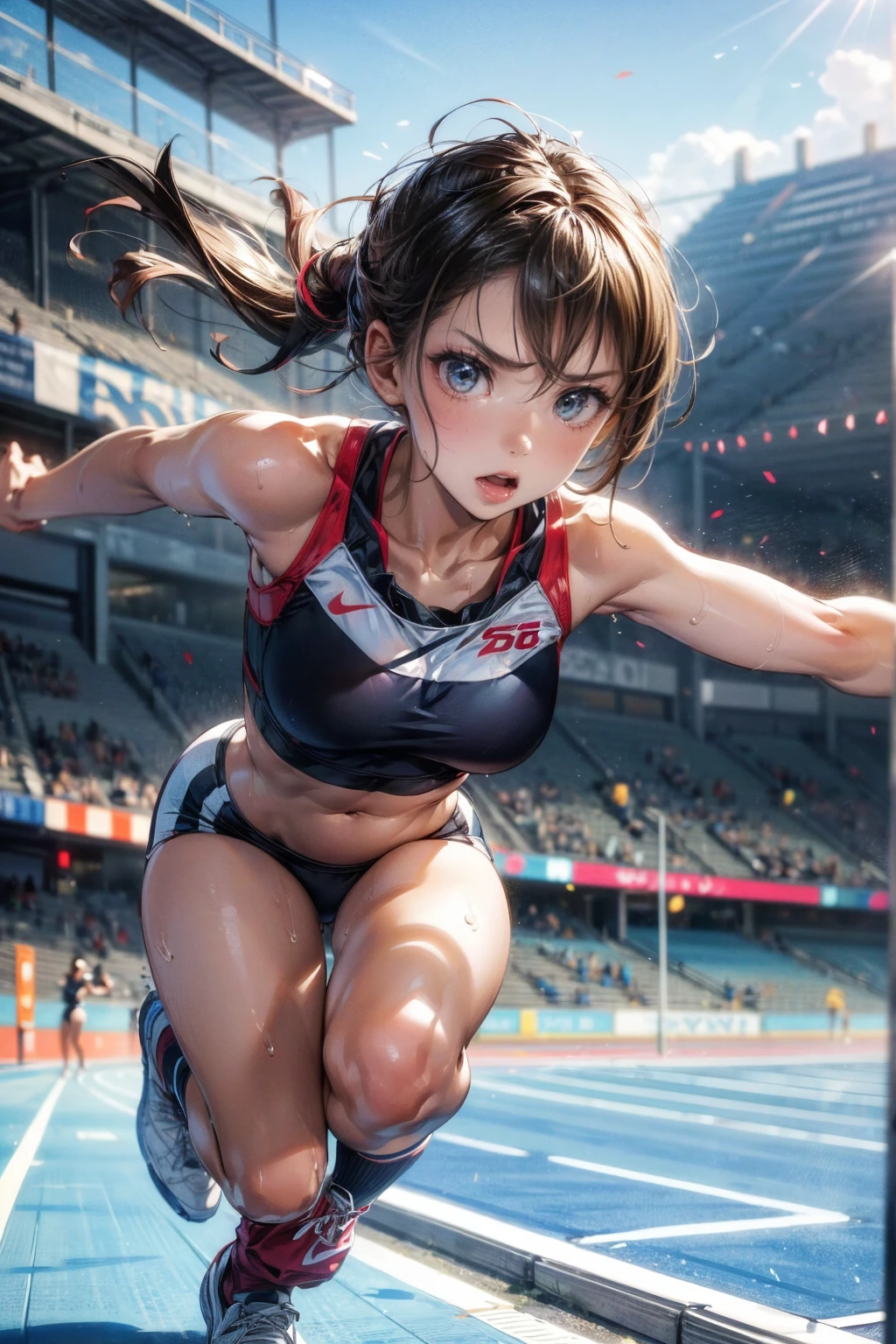 Photo of a 20 year old woman, Perfect Face, masterpiece, good, Sports bra,Racing Bloomers、good,  Dynamic Perspective、Run at full speed、Sweat flying、Serious face、Crouching Style、Track and Field、