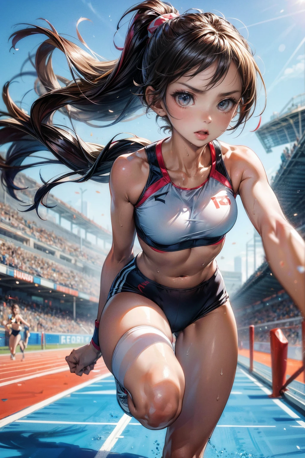 Photo of a 20 year old woman, Perfect Face, masterpiece, good, Sports bra,Racing Bloomers、good,  Dynamic Perspective、Run at full speed、Sweat flying、Serious face、Crouching Style、Track and Field、