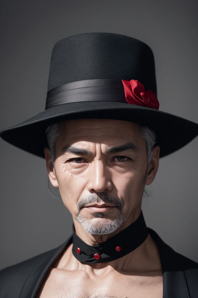Make a man with a tragedy mark on the right side of his face, and the left side without the mark, he is 60 years old, wears a black hat, a red suit with black details