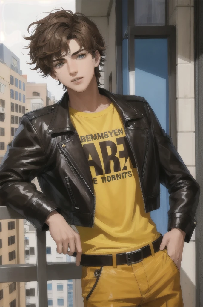 Make a young man with short wavy brown hair, light brown eyes between yellow, serious face, very attractive, with a blue shirt and black leather jacket, high, who is standing on a balcony, HD quality