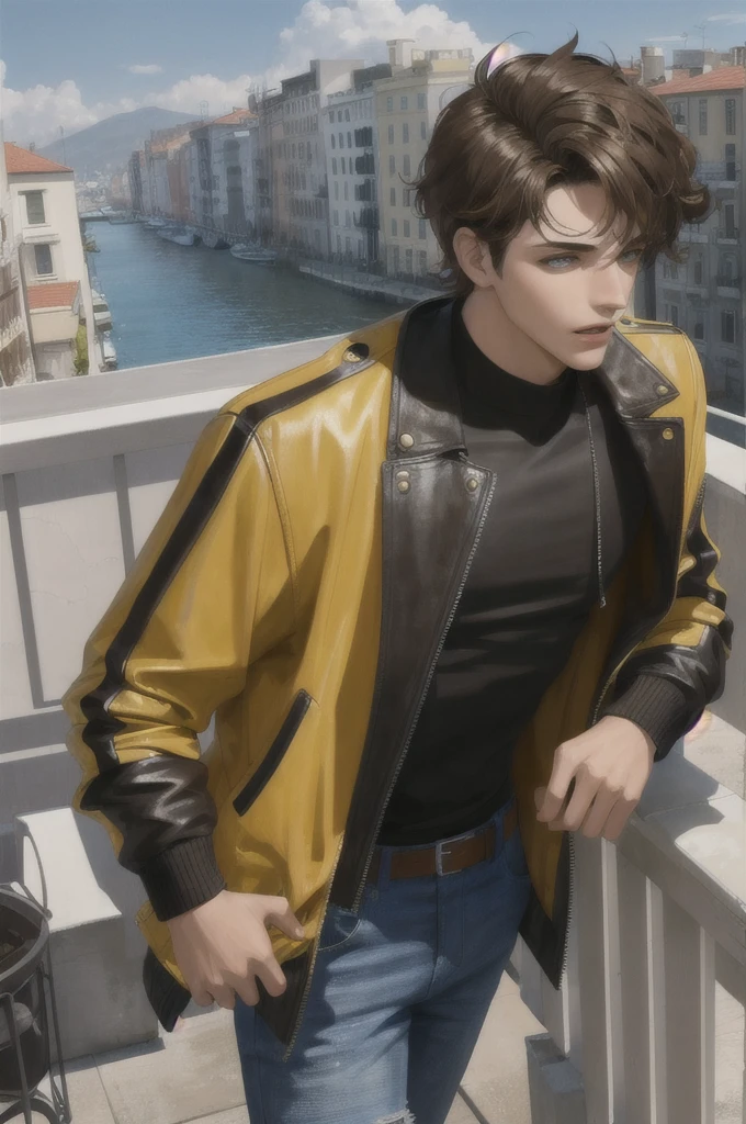 Make a young man with short wavy brown hair, light brown eyes between yellow, serious face, very attractive, with a blue shirt and black leather jacket, high, who is standing on a balcony, HD quality