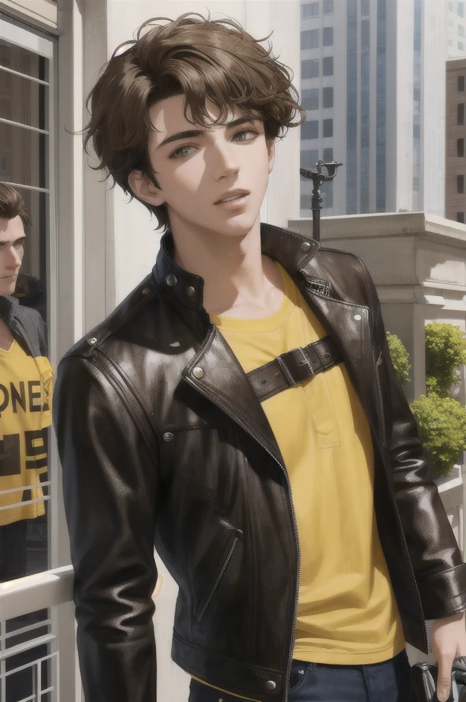 Make a young man with short wavy brown hair, light brown eyes between yellow, serious face, very attractive, with a blue shirt and black leather jacket, high, who is standing on a balcony, HD quality