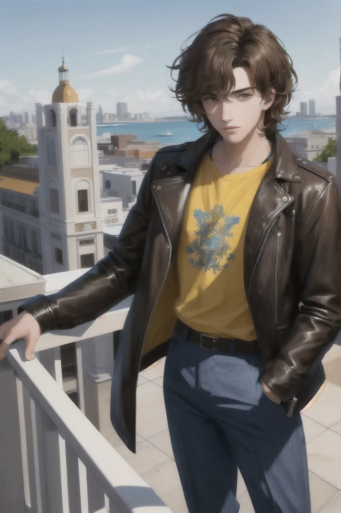 Make a young  man with short wavy brown hair, light brown eyes between yellow, serious face, very attractive, with a blue shirt and black leather jacket, high, who is standing on a balcony, HD quality