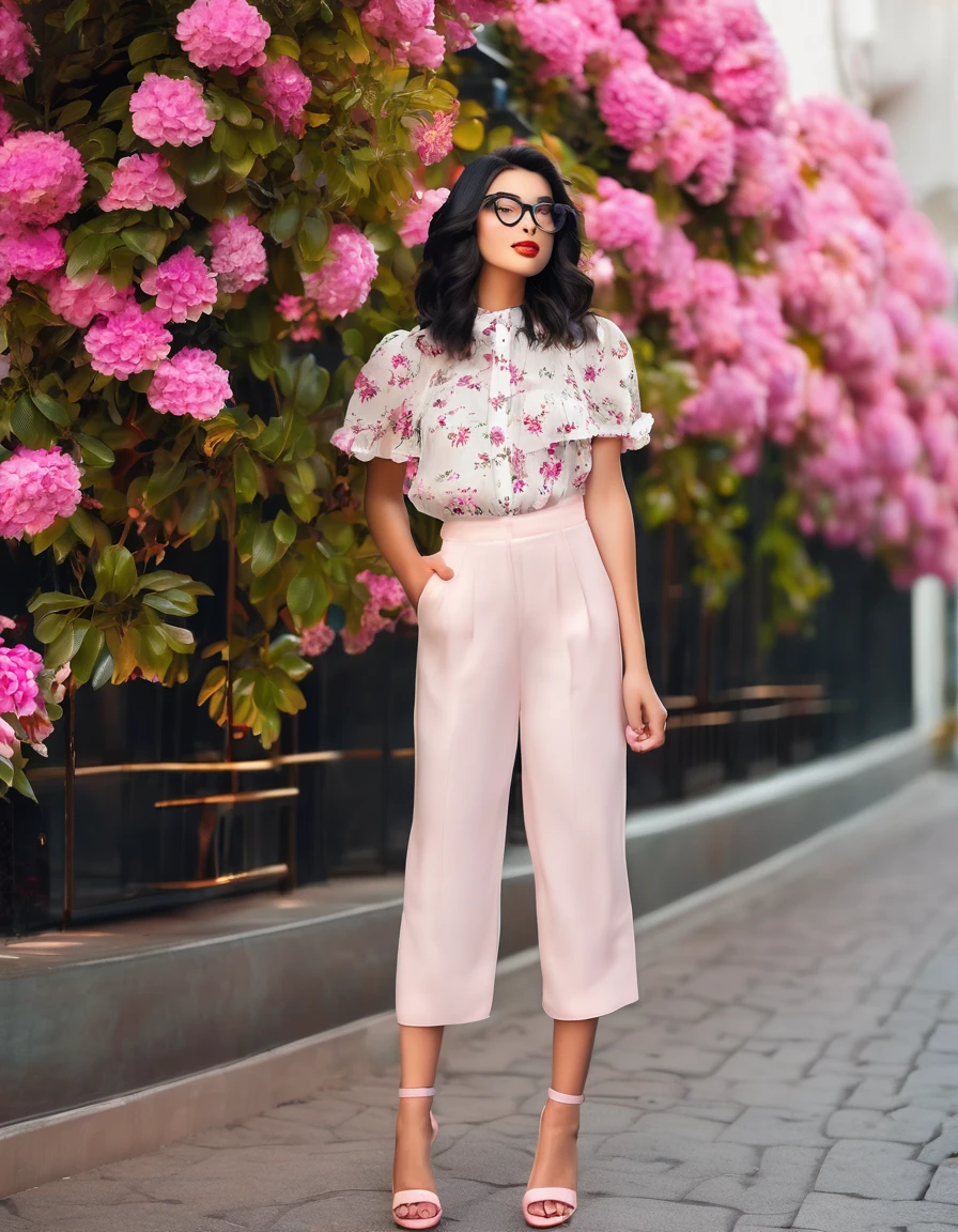 Beautiful girl, 20 years old, sculptural body, short wavy black hair at shoulder length, makeup, pink lipstick, small round glasses, pants, white pantaloons with pink flowers, orange mini blouse, full body, black heeled sandals, strolling in a beautiful corner