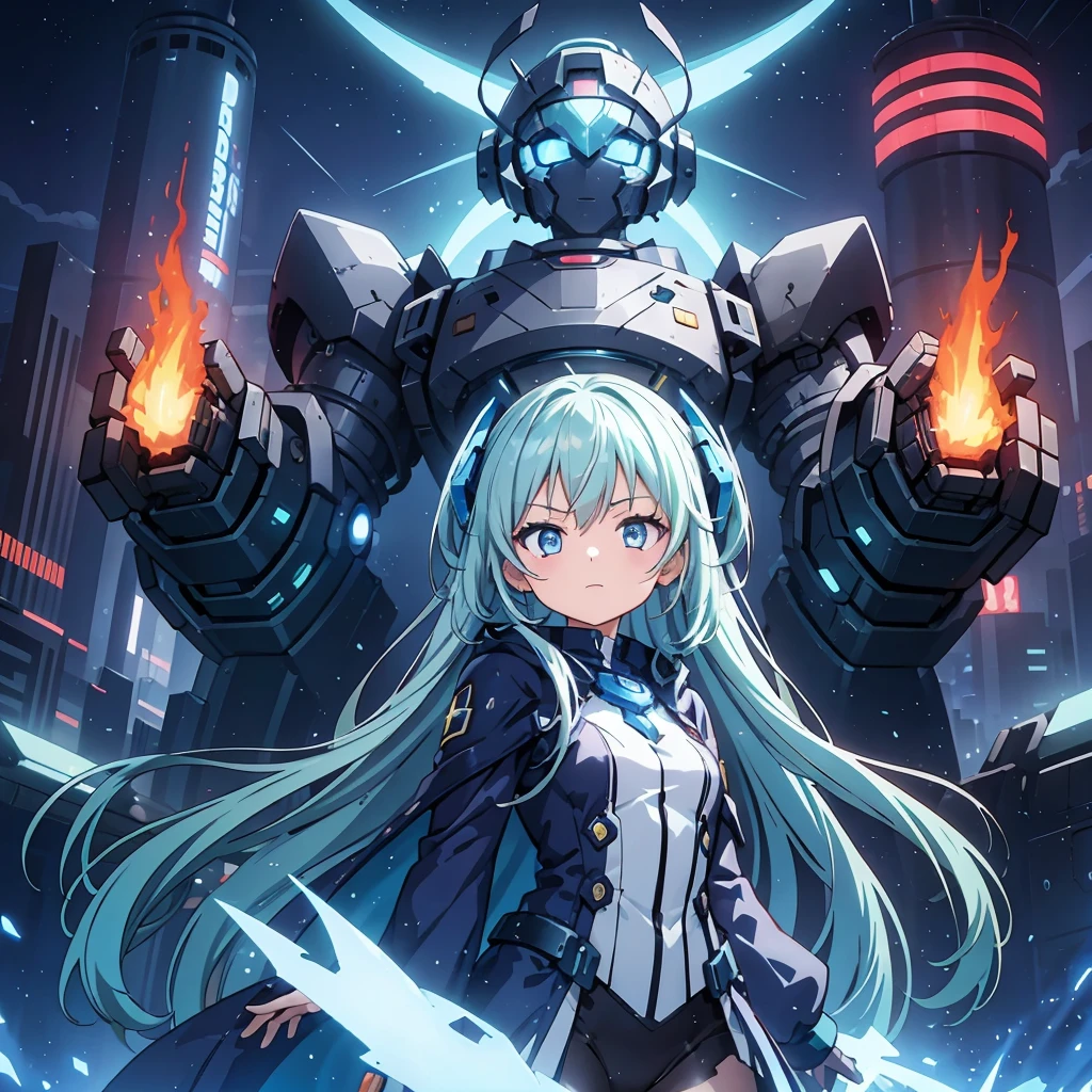 Anime, 2 characters, (1 teenage anime girl, silvery blue hair, bright blue star-shaped eyes); (1 Robot, Cape, Luminous Eyes, Rugged, Fantasy, Lights, outdated, old style, dark blue, bronze), Nature, Biomes with mountains