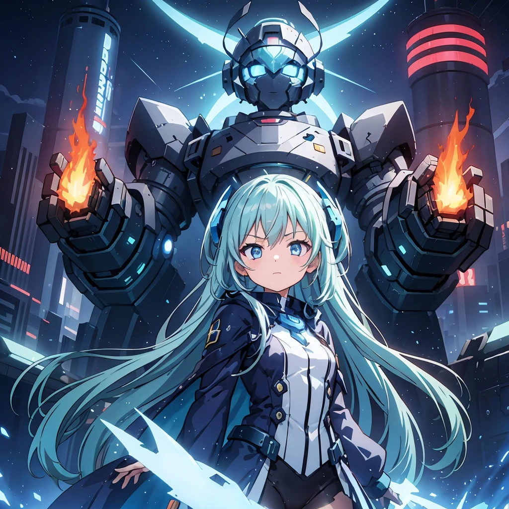Anime, 2 characters, (1 teenage anime girl, silvery blue hair, bright blue star-shaped eyes); (1 Robot, Cape, Luminous Eyes, Rugged, Fantasy, Lights, outdated, old style, dark blue, bronze), Nature, Biomes with mountains