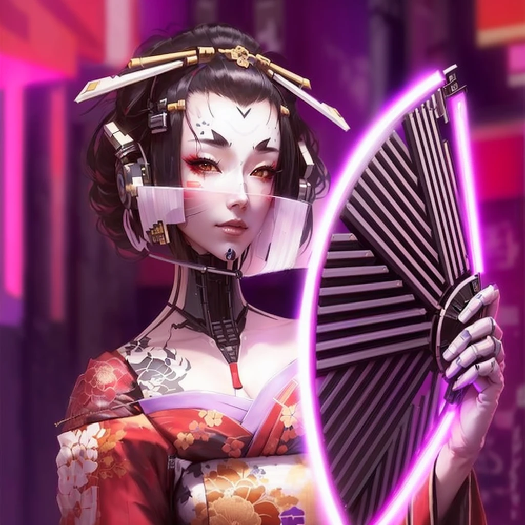 a close up of a woman holding a fan and a fan, cyberpunk geisha, Ghost in the Geisha robot shell, Japanese robot geisha, cyberpunk oppai, very beautiful cyberpunk samurai, anime ciberpunk art, digital cyberpunk anime art, cyberpunk anime art, anime ciberpunk, digital cyberpunk - anime art, cyberpunk samurai, cyberpunk anime girl mecha, I love death and robots