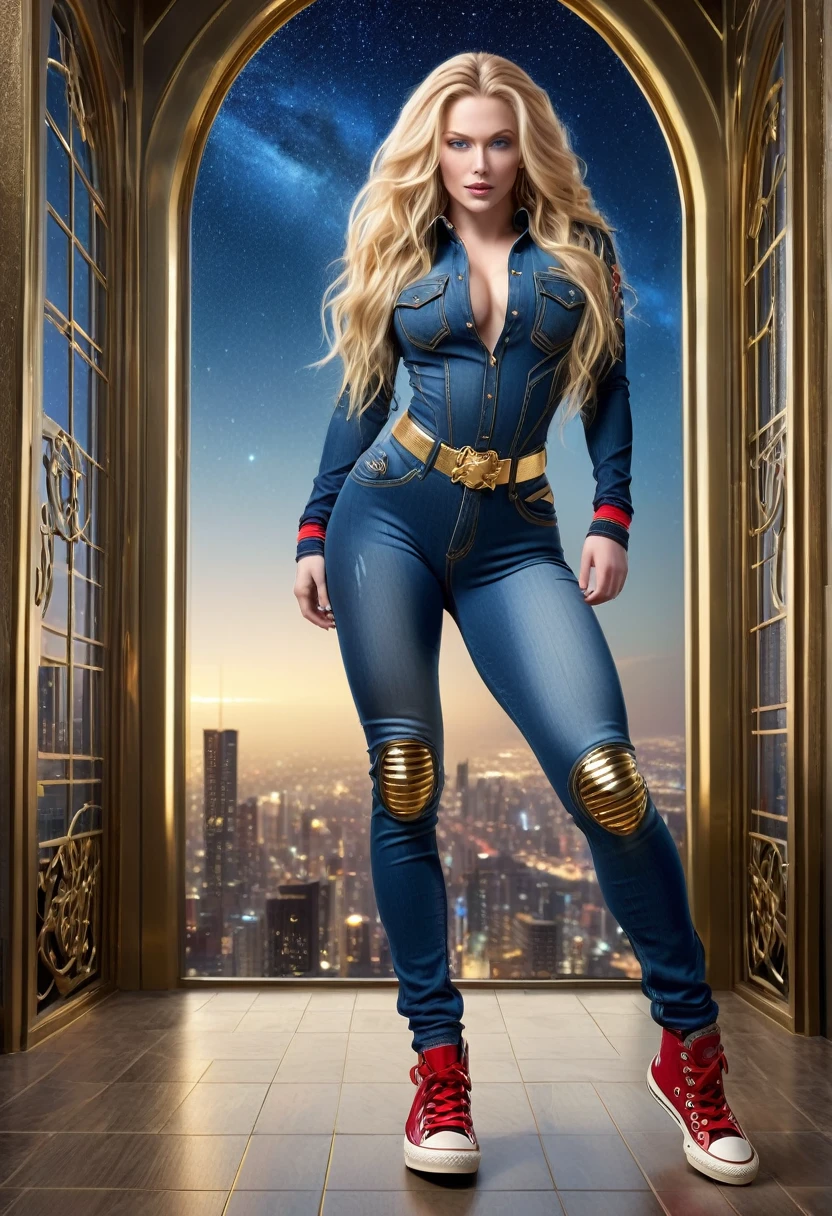 BOMBSHELL BLONDE WOMAN, WARRIOR FEMALE ON BLUE JEANS JUMPSUIT, VERY PALE SKIN, BLUE EYES, HIGH CHEEKBONES, ROSY CHEEKS, MENTAL FORAMEN, HUGE LONG BLONDE HAIR, DREAD HAIRSTYLE, LONG JEANS DREADS ON LONG BLONDE HAIR, THONG LEOTARD ARMOUR, JEANS LONG SLEEVES, JEANS TEXTURE, GOLD DETAILS ON JEANS, JEANS BODYSUIT, NECK BODYSUIT, GOLD GAUNTLETS, RED BELT, GOLD BUCKLE, RED CONVERSE ALL STAR SHOES, ATHLETIC CURVY BODY, DETAILED QUADRICEPS, THICK THIGHS, MUSCLES, SIDE BODY VIEW, FULL BODY PERSPECTIVE, DARK HALL, HUGE WINDOWS, NIGHT SKY, ACCURATE IMAGE, MASTERPIECE.