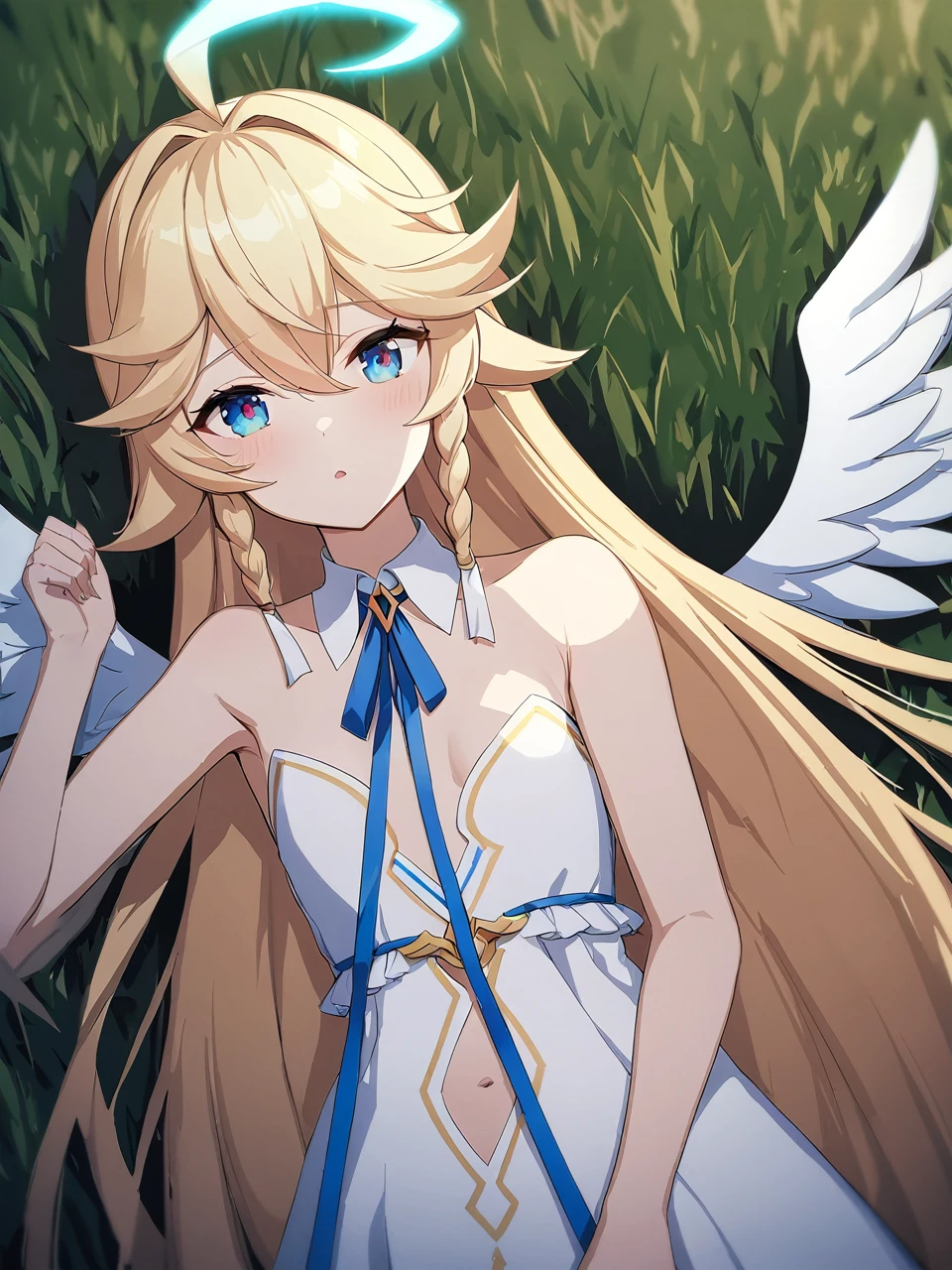 Zaora, blue eyes, (Variegated eyes:0.5), Blonde, Very long hair, Twin Blade, bangs, Ahoge, Hello, Angel, Flat Chest, White Dress, Belly button cutout, Detachable collar, Strapless, Neck ribbon, Bare shoulders, Angel wings, barefoot, One girl, Solo Break Space, grassland, Lying down, Upper Body, Depth of written boundary, Cinematic, masterpiece, Highest quality, Game CG